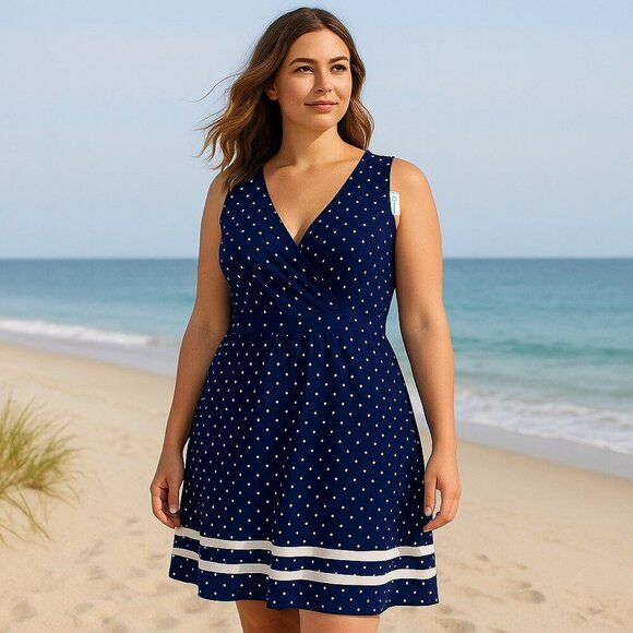 Lands End Women Sleeveless Dress Size 1X Navy Polka Dot Nautical Coastal Retro - Picture 3 of 13